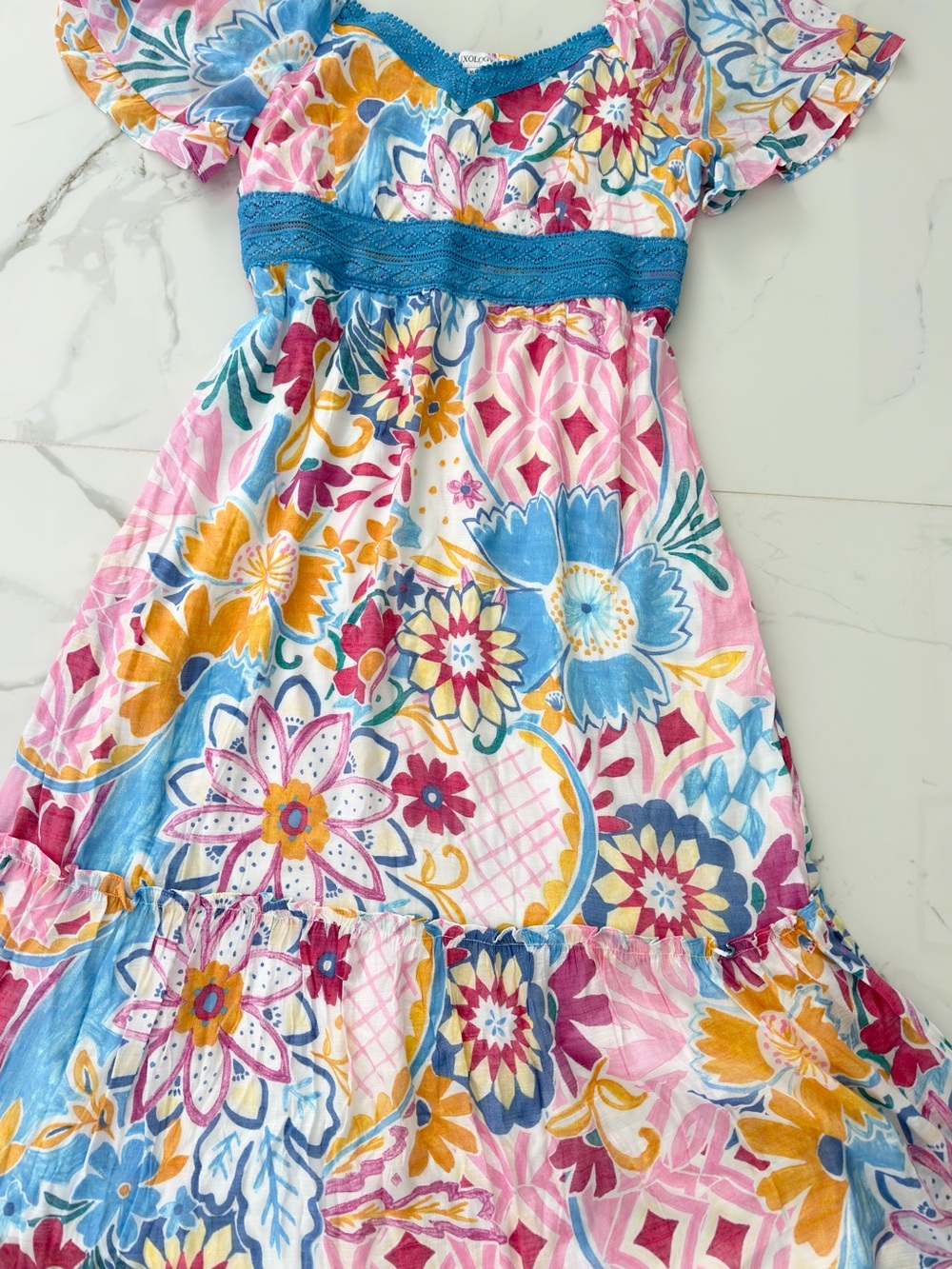 Luxulogy, Pink Floral Maxi Dress with Blue Trim, new